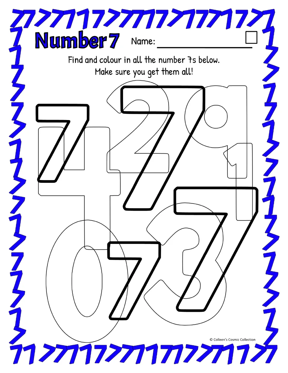 UK spelling, easy: 'Find and colour in all the number 7s below' with four bold 7s among overlapping digits to colour