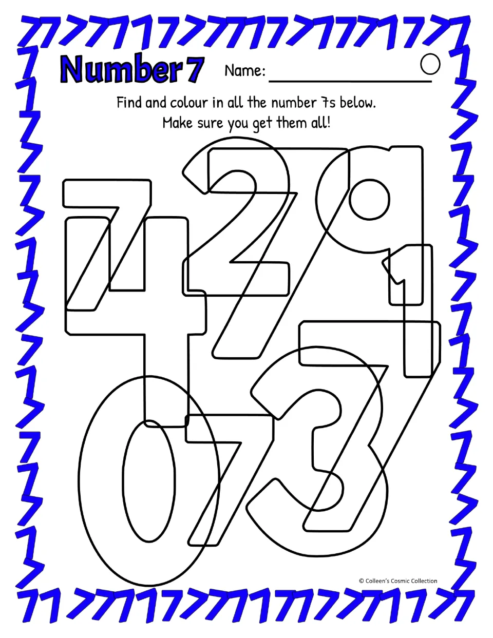 UK spelling, difficult: students colour in four 7s hidden among overlapping 0, 1, 2, 3, 4 and 9 with no bold outlines