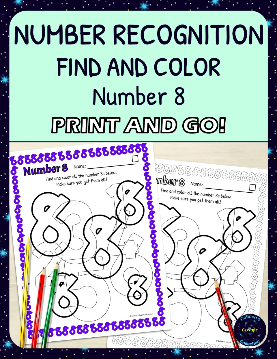 Number Recognition Find and Color Number 8 cover showing purple-bordered and black-and-white versions of the 8s sheet