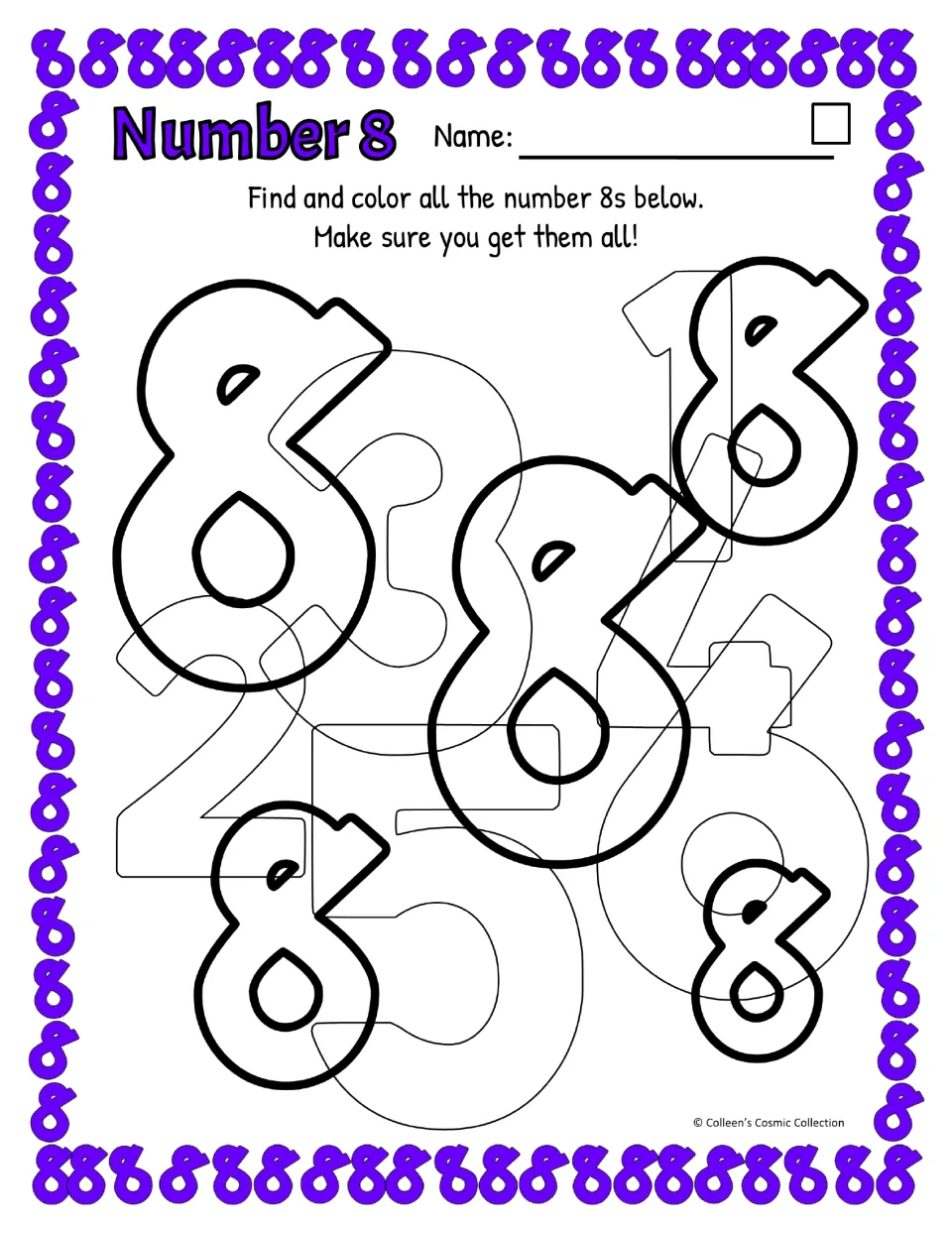 Number 8, easy level, open-top 8: students find and color five bold 8s hidden among overlapping outlined numbers