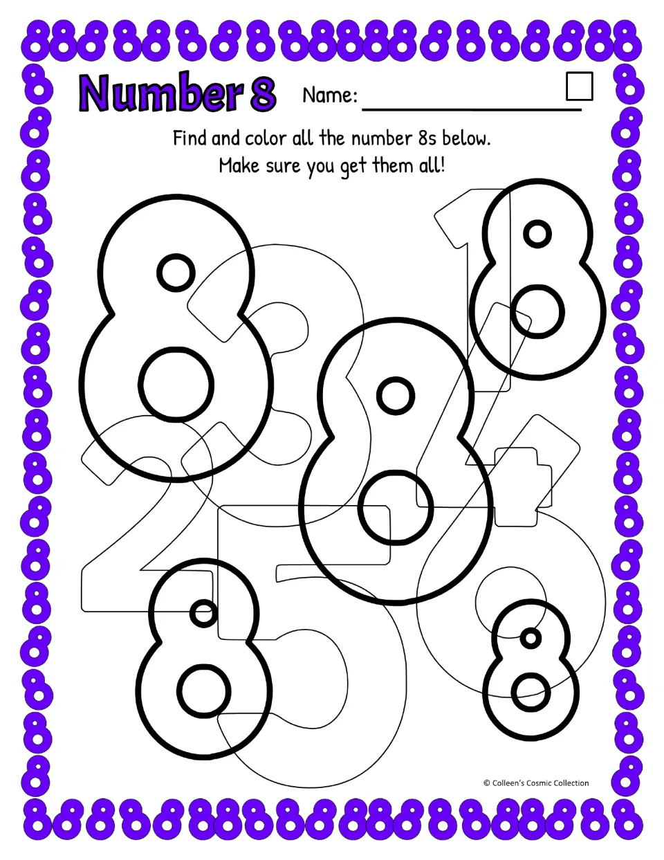 Number 8, easy level, closed-loop 8: bold 8s stand out among faint 1, 2, 3, 4, 5 and 6 for students to find and color