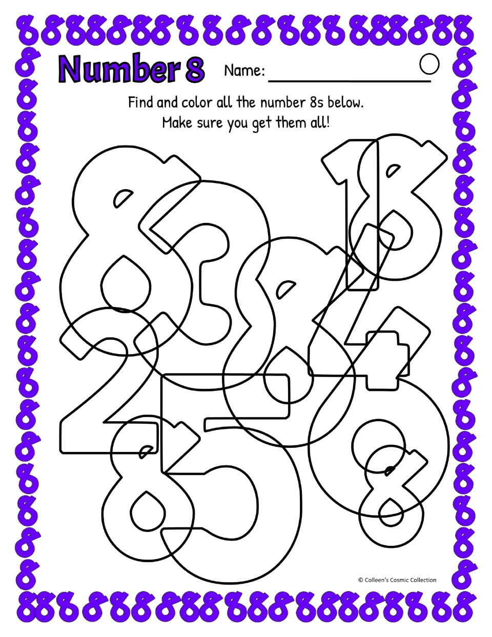 Number 8, difficult level, open-top 8: all digits drawn in equal outline so students must pick out each 8 to color