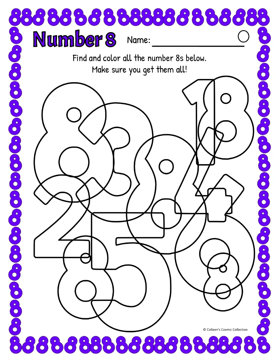 Number 8, difficult level, closed-loop 8: students search overlapping same-weight numbers to find and color every 8