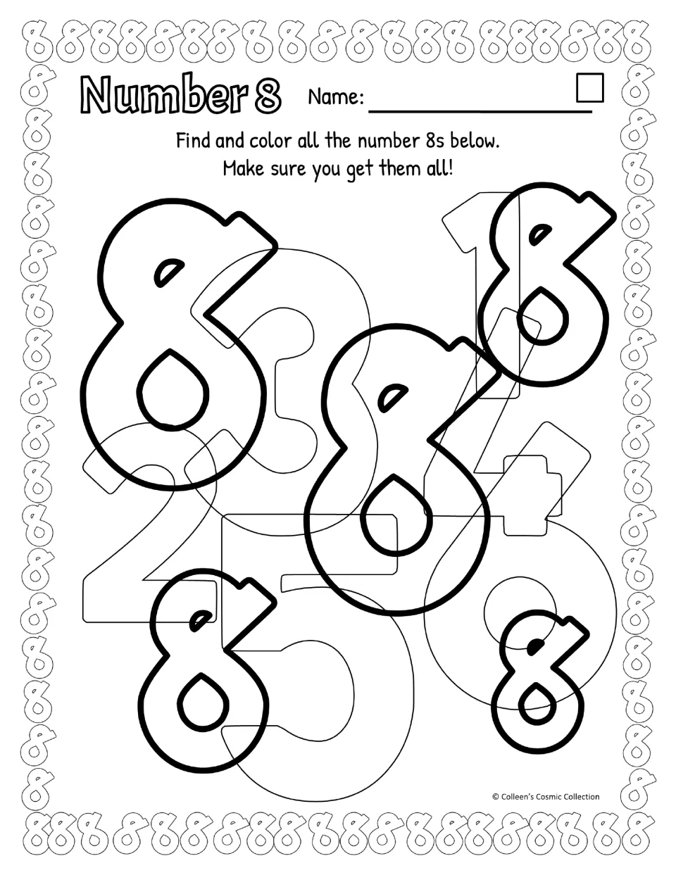 Number 8, easy level, black and white, open-top 8: students color the five bold 8s among faint overlapping numbers