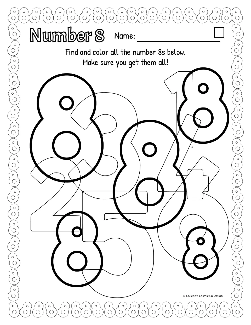Number 8, easy level, black and white, closed-loop 8: bold 8s among faint digits for students to locate and color in