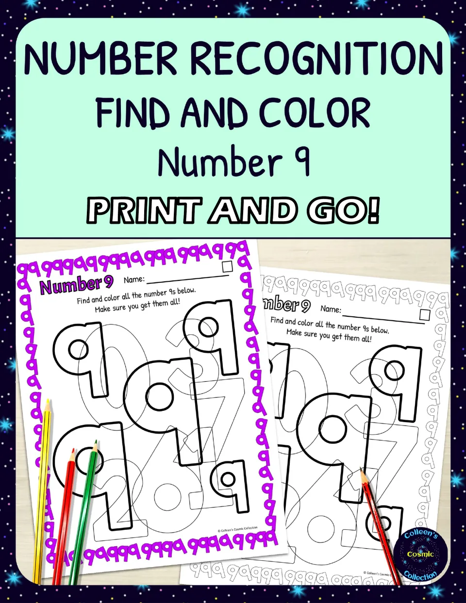 Cover for number 9 find-and-color worksheets, showing color and black-and-white samples and 'Print and Go!'