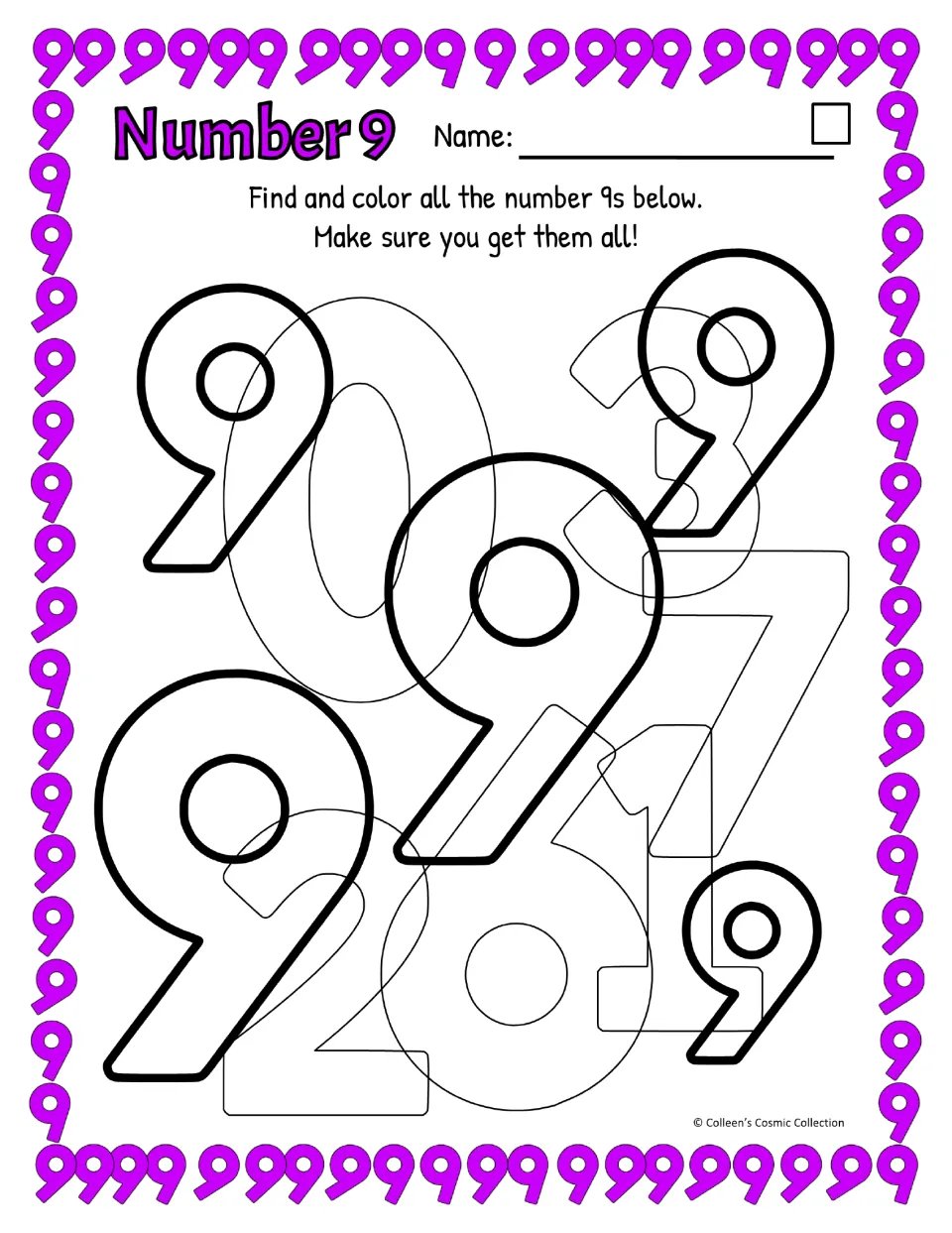 Easy number 9 practice uses five bold, slanted-tail 9s among overlapping digits for students to find and color.
