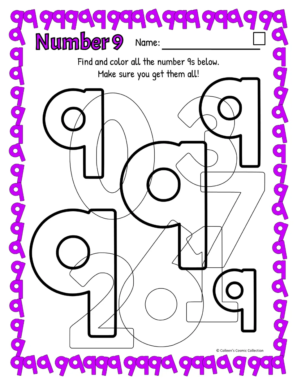 Easy number 9 practice uses five bold, straight-tail 9s among overlapping digits to find and color.