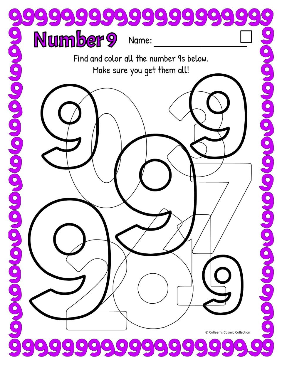 Easy number 9 practice uses five bold, curved-tail 9s among overlapping digits to find and color.