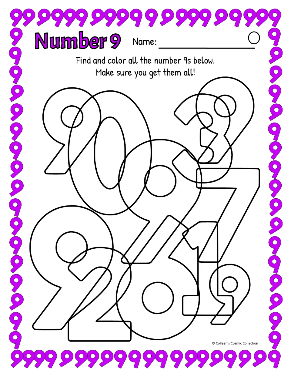 Difficult number 9 practice asks students to find and color five slanted-tail 9s among overlapping digits.
