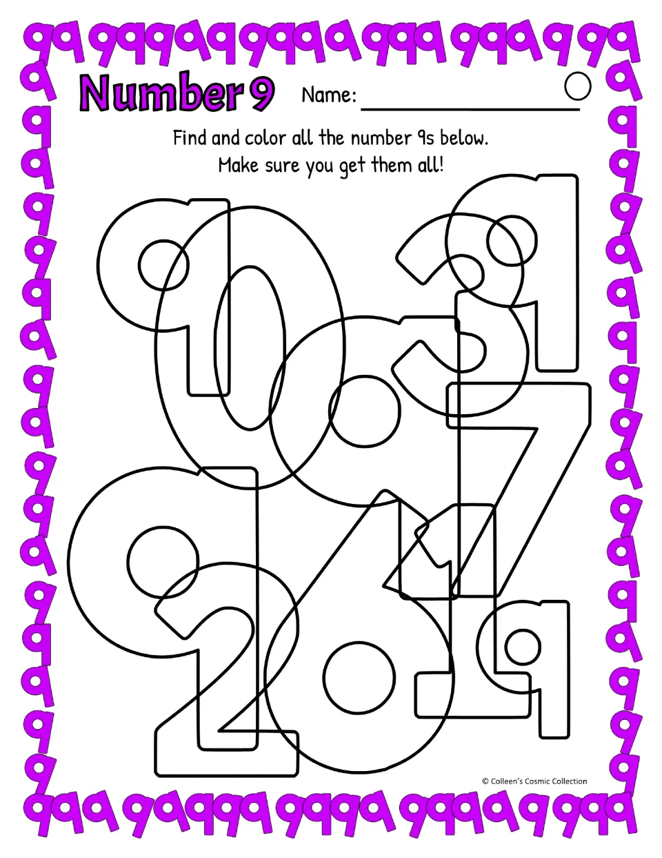Difficult number 9 practice asks students to find and color five straight-tail 9s among overlapping digits.