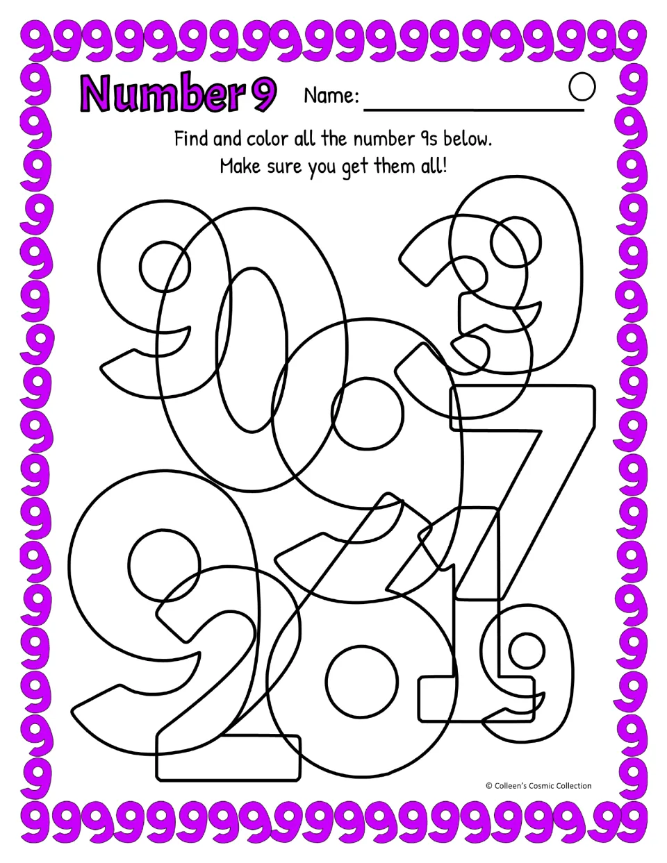 Difficult number 9 practice asks students to find and color five curved-tail 9s among overlapping digits.