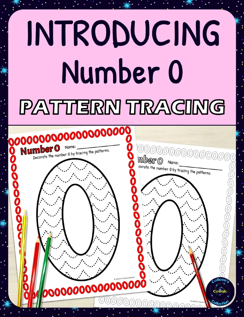 Introducing Number 0 pattern tracing cover showing color and black-and-white sheets of a large 0 filled with dotted waves