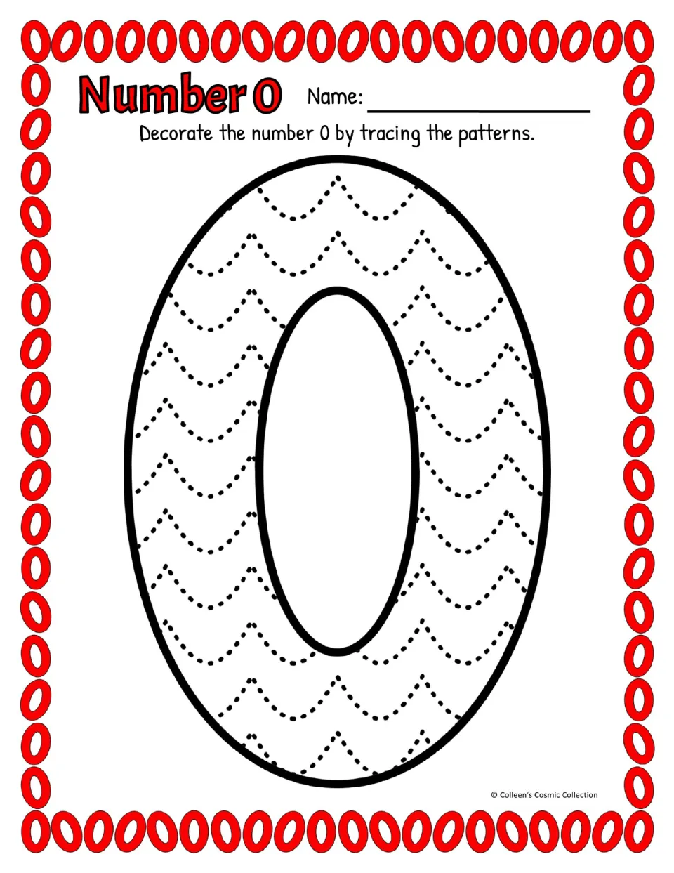 Number 0 in color: students decorate a large numeral 0 by tracing rows of dotted wave patterns for number recognition