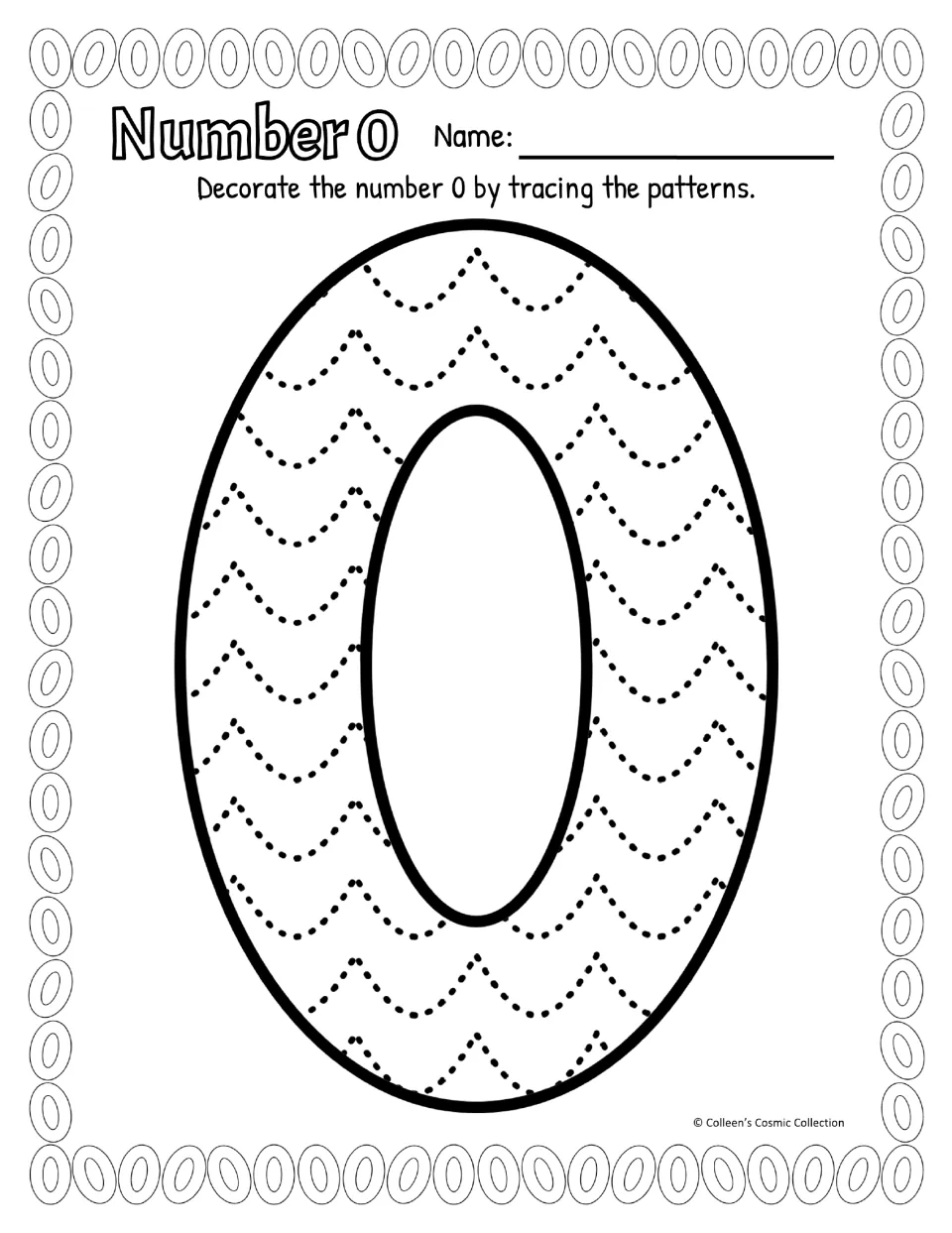 Number 0 in black and white: students trace dotted wave rows inside a big outlined 0, the same task as the color sheet