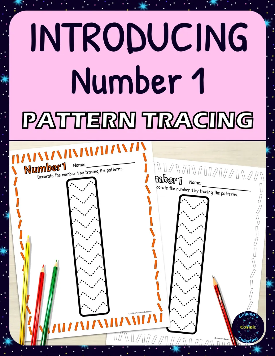 Introducing Number 1 Pattern Tracing cover showing color and black-and-white sheets with zigzag dots inside a large 1
