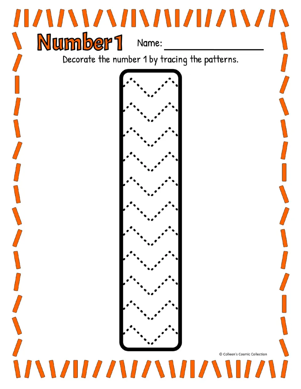 Number 1 in colour, straight-stick style: students trace dotted zigzag lines inside a tall bar shaped like the numeral 1