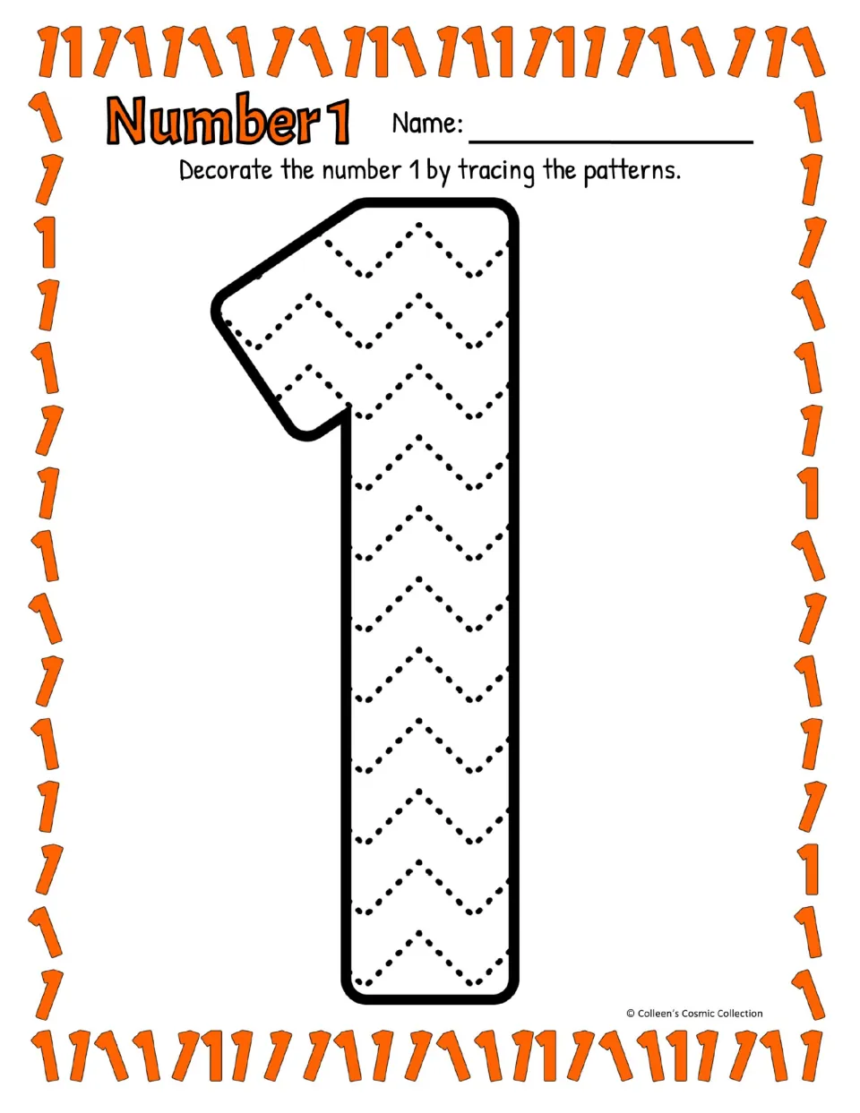 Number 1 in colour with a flag at the top: students trace dotted zigzag lines to decorate the numeral's shape