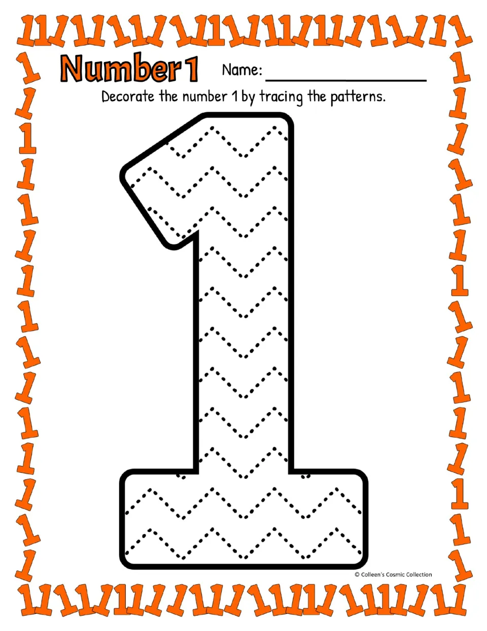 Number 1 in colour with a flag and a base: students trace dotted zigzag rows across the numeral, base included