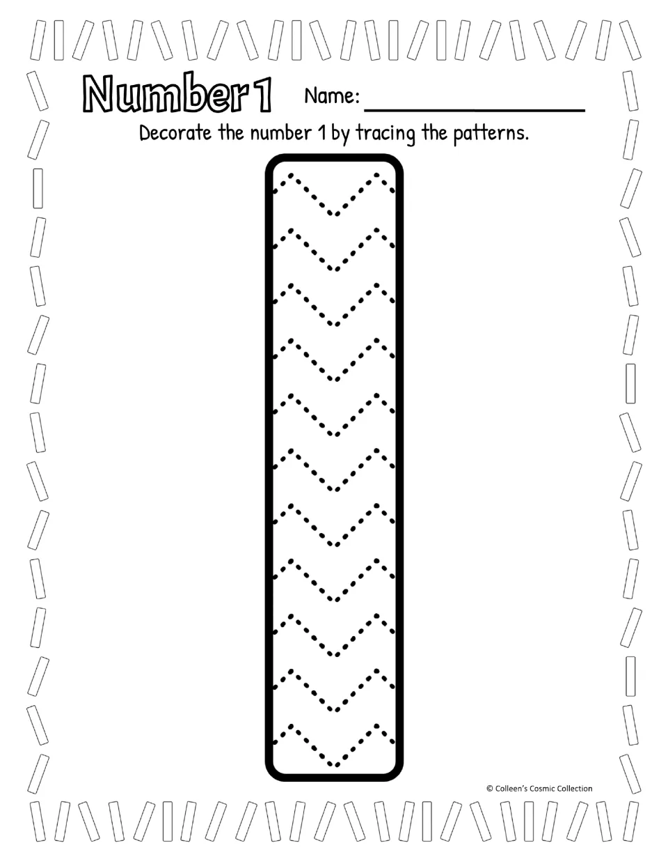 Black-and-white Number 1, straight-stick style: students trace dotted zigzags inside a tall bar shaped like the numeral 1