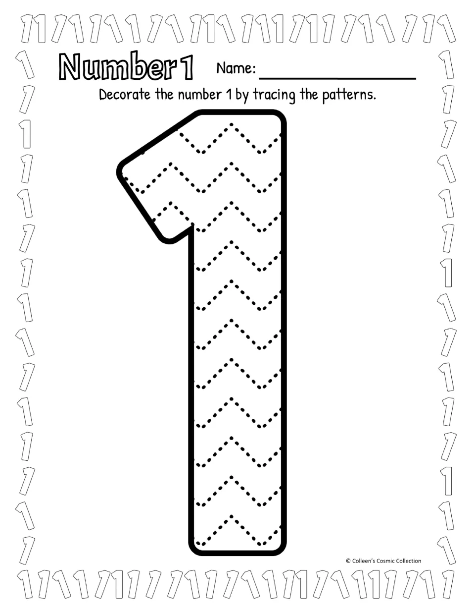 Black-and-white Number 1 with a flag on top: students trace dotted zigzag lines to decorate the numeral