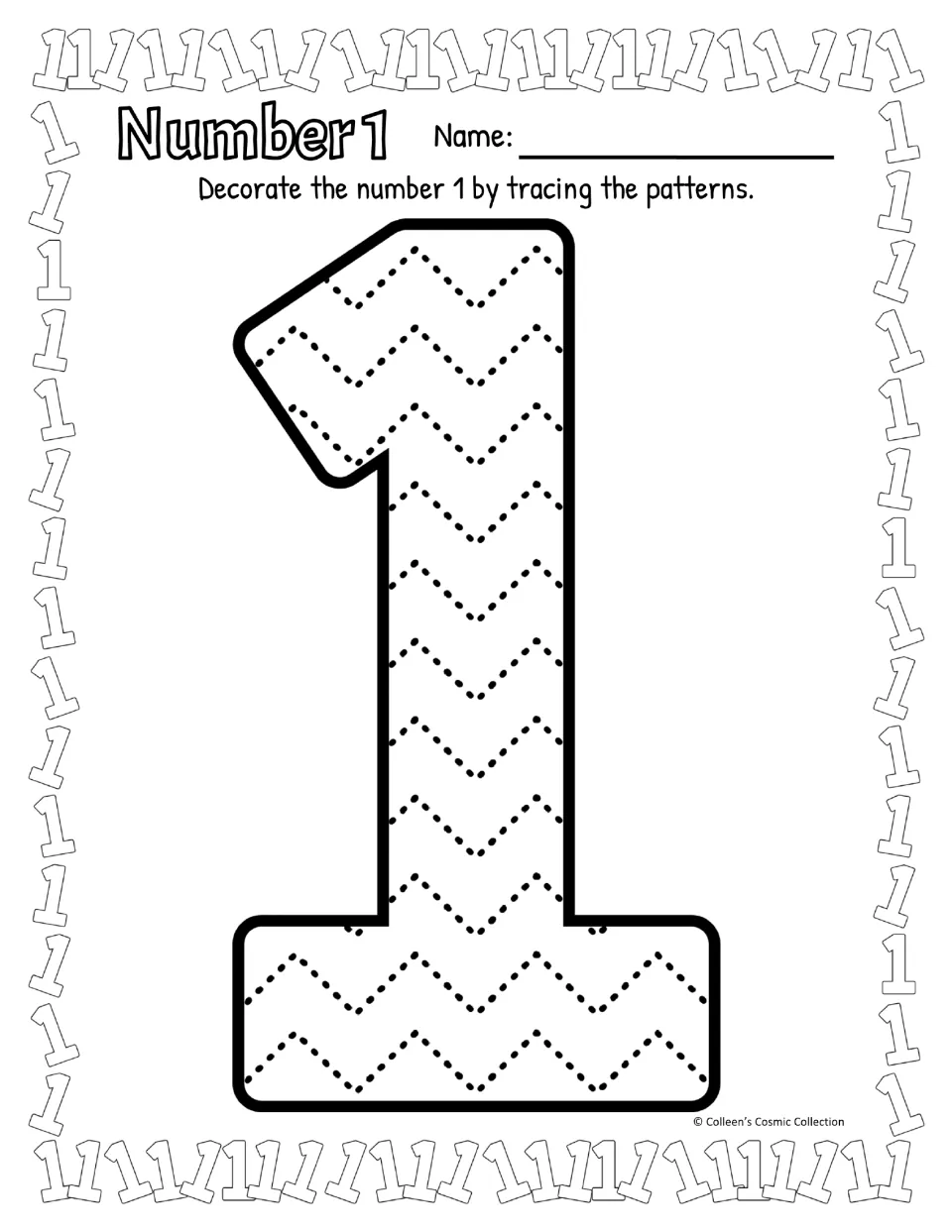 Black-and-white Number 1 with a flag and base: students trace dotted zigzag rows across the full numeral, including its foot