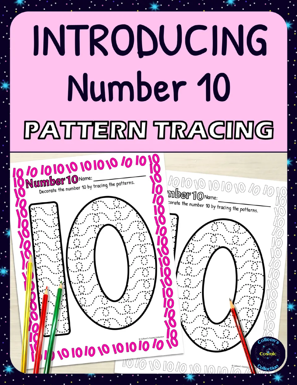 Introducing Number 10 Pattern Tracing cover showing color and black-and-white sheets of a big 10 filled with dotted waves