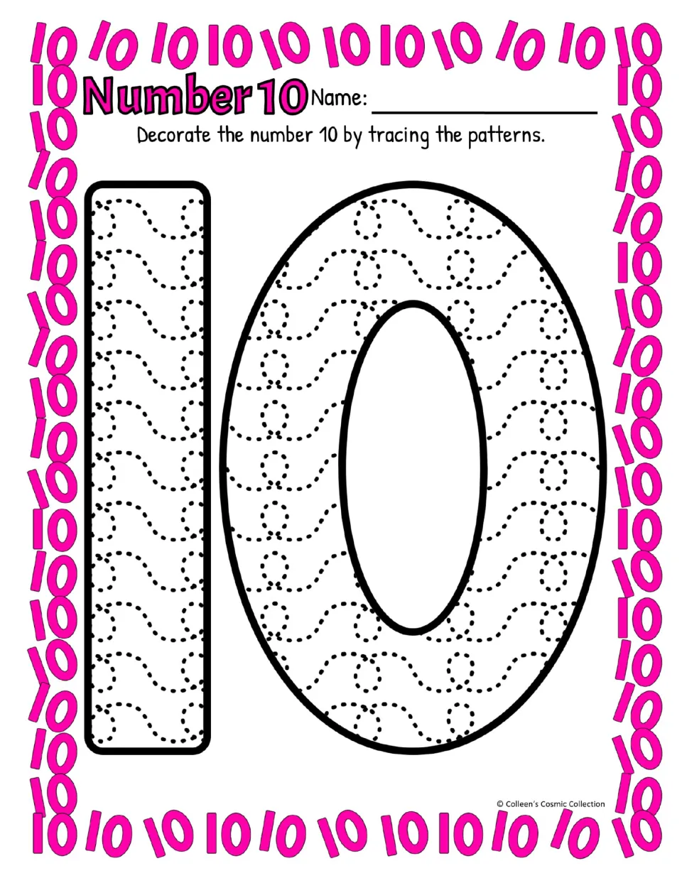 Number 10 in color with a plain straight 1: students trace dotted wave and loop patterns to decorate the large 10