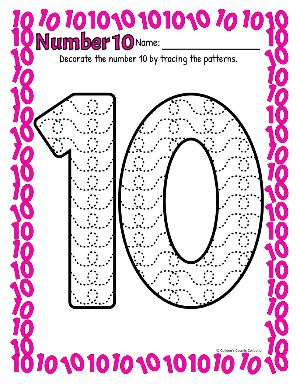 Number 10 in color with a flagged 1: students decorate the numeral by tracing dotted wavy loop patterns inside both digits