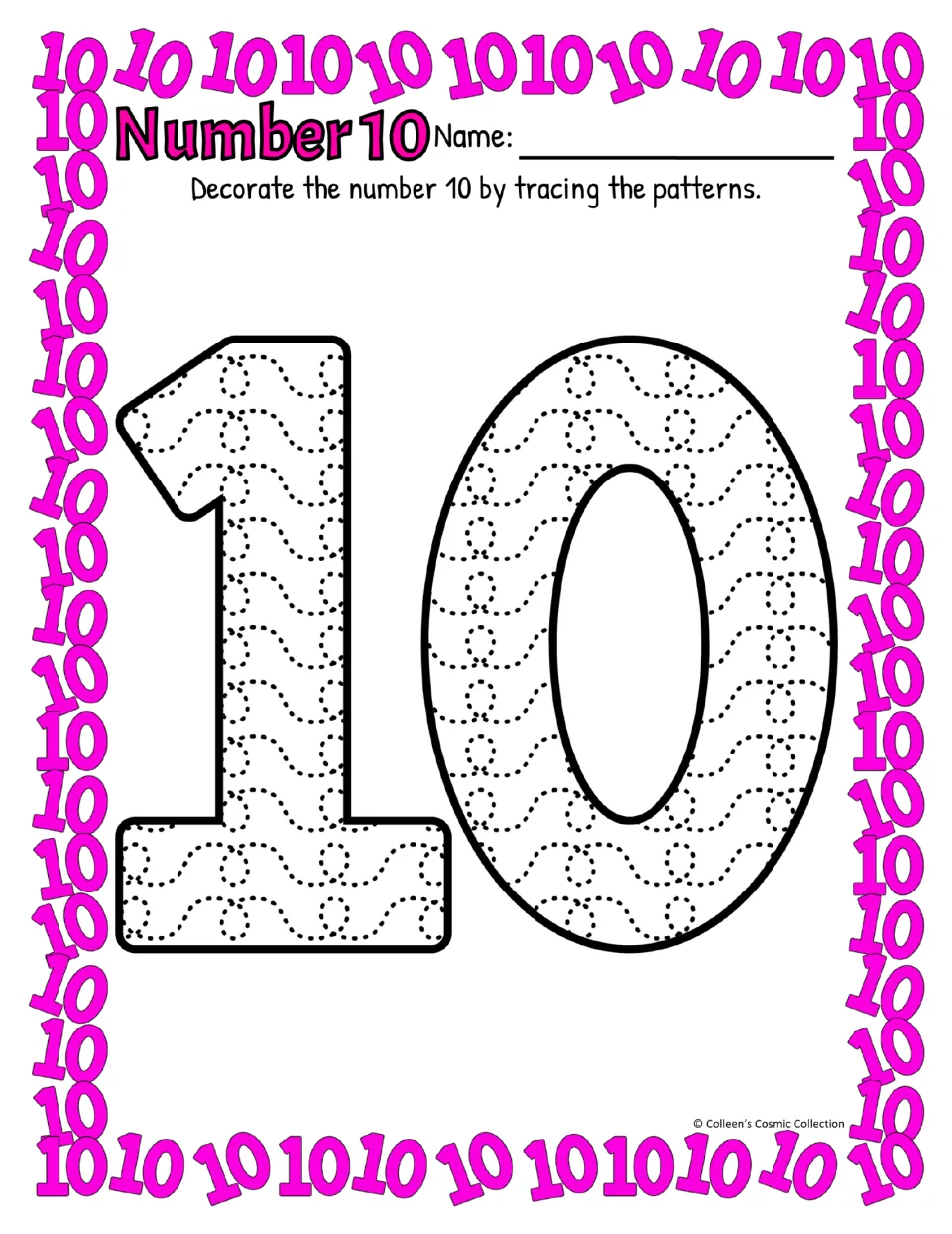 Number 10 in color, 1 with flag and base: students trace dotted loop-and-wave patterns to decorate the numeral's shape