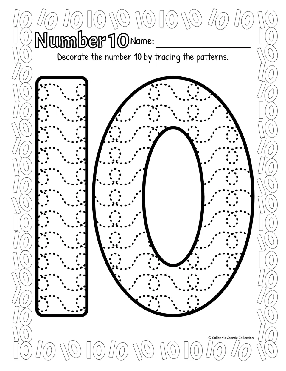 Number 10 in black and white with a plain straight 1: students trace dotted loop patterns inside the large numeral