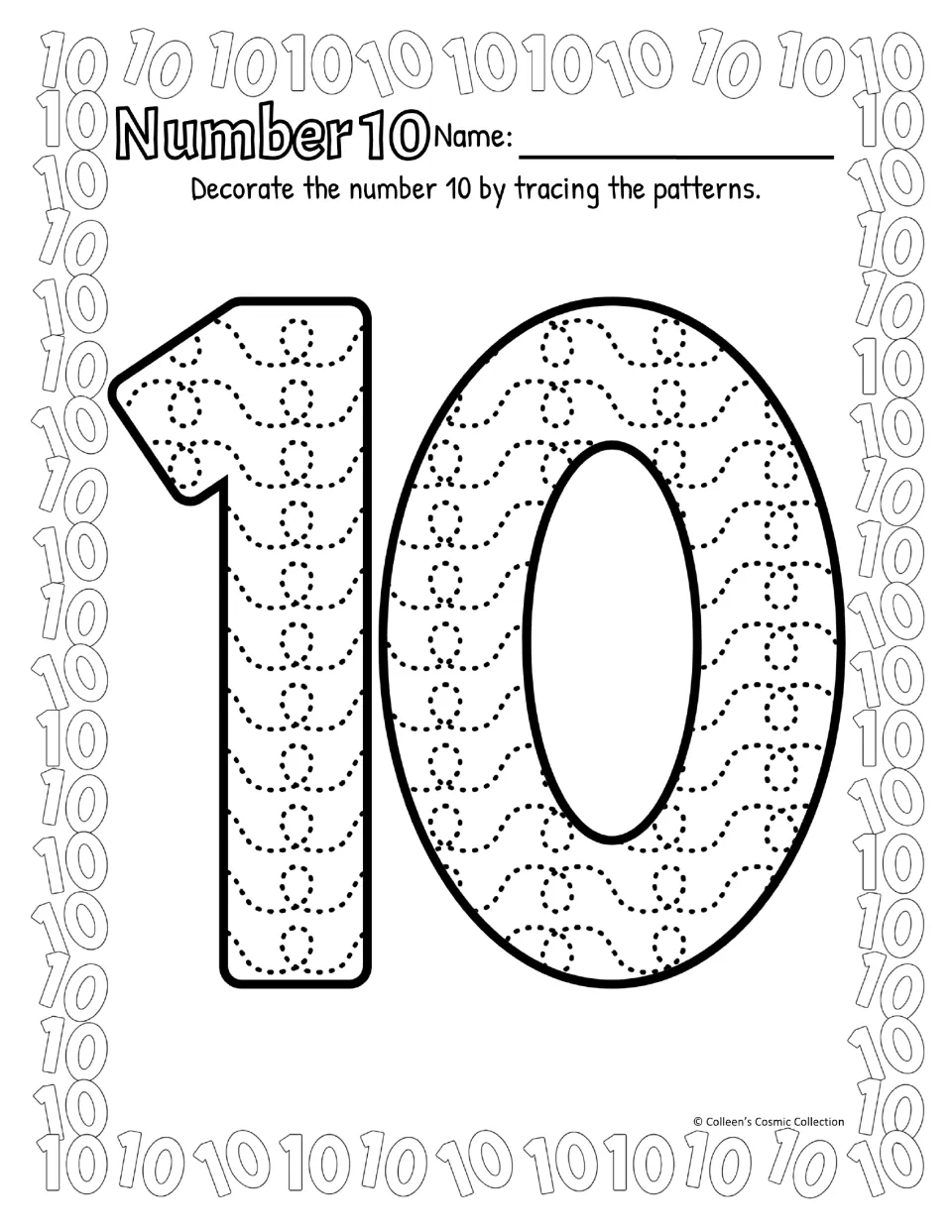 Number 10 in black and white with a flagged 1: students follow dotted wavy loops to decorate the numeral and recognize it
