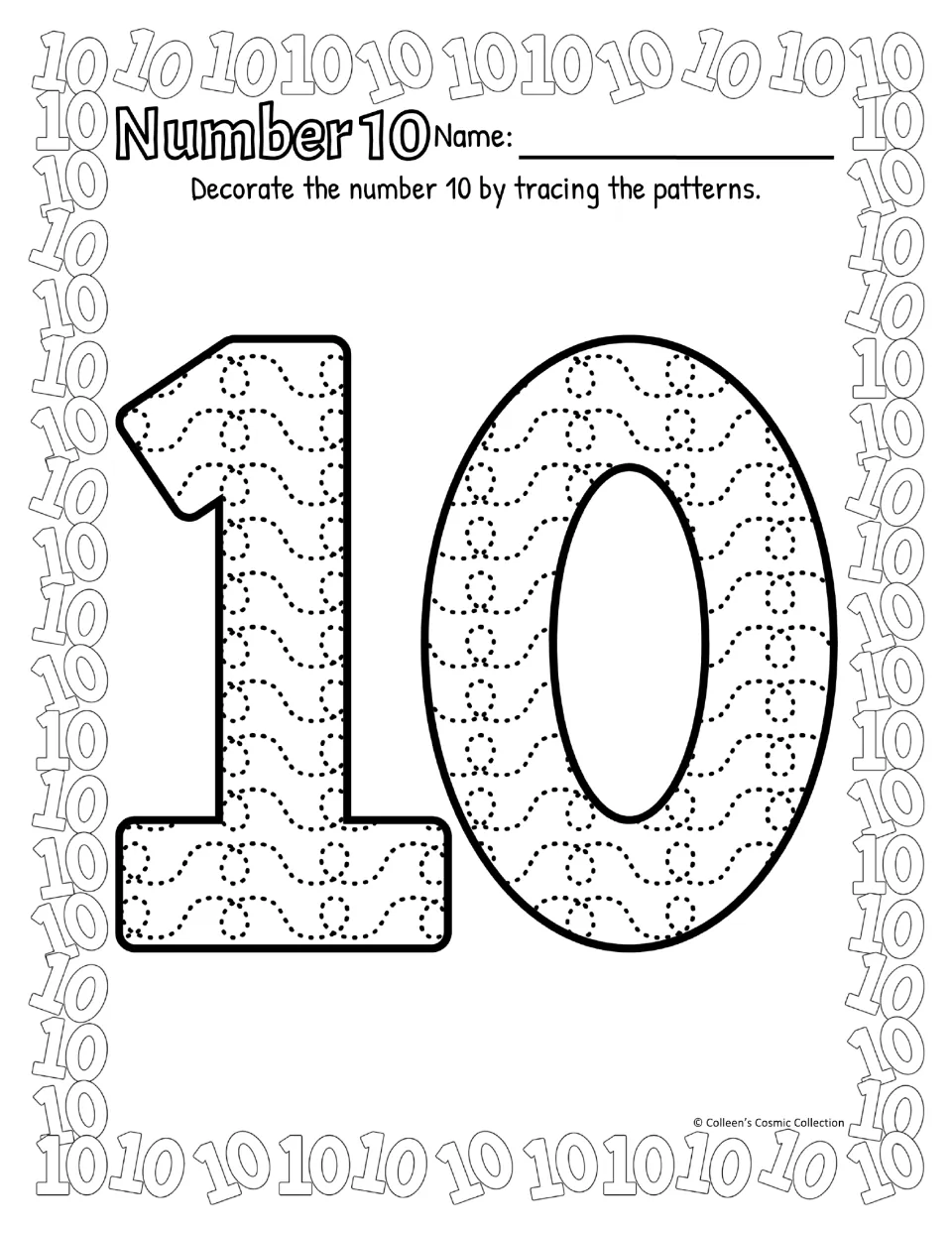 Number 10 in black and white, 1 with flag and base: students trace dotted wave patterns to decorate both digits of 10