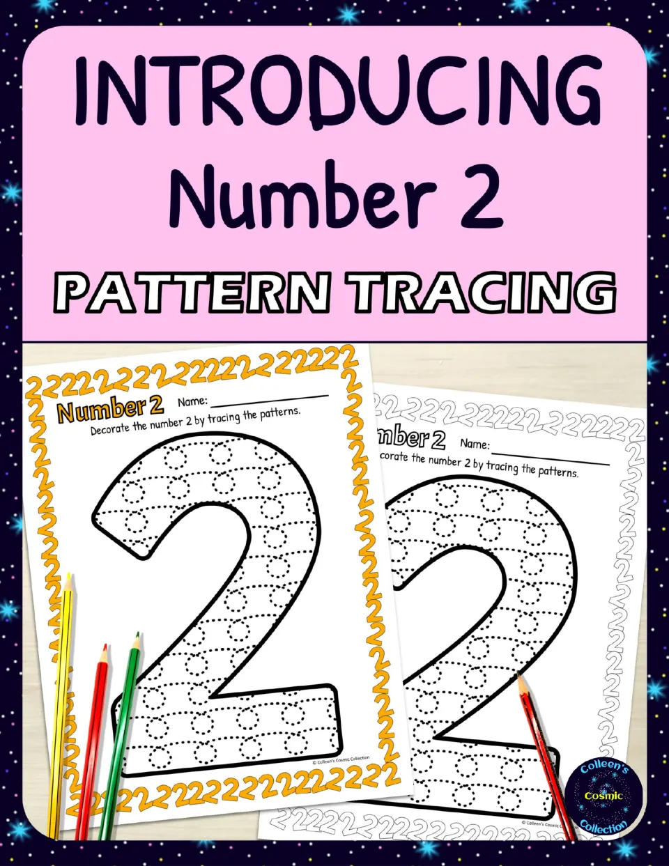 Introducing Number 2 Pattern Tracing cover showing color and black-and-white sheets with a big dotted 2 to trace