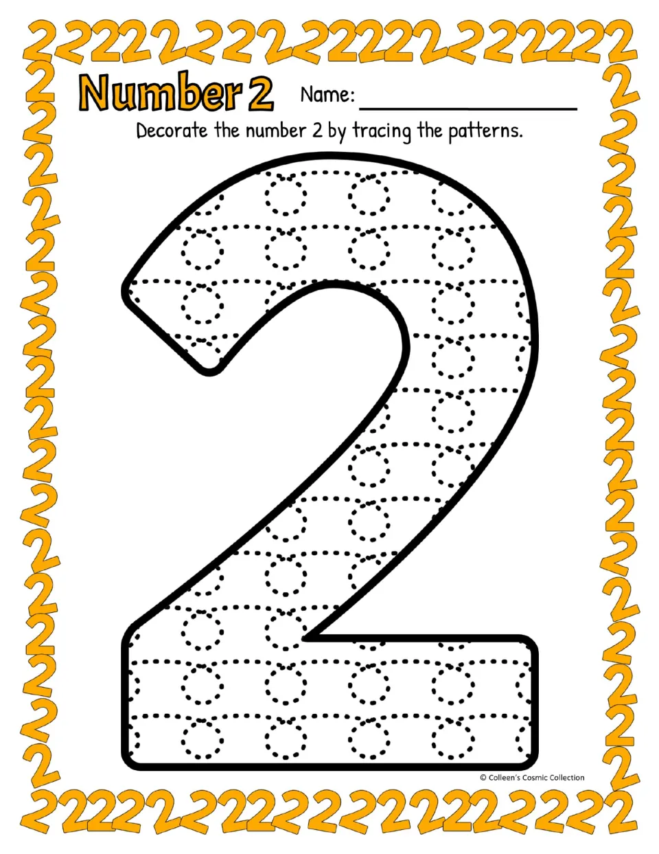 Number 2 in color: students decorate a large numeral 2 by tracing dotted circles and curved arcs to practice its shape