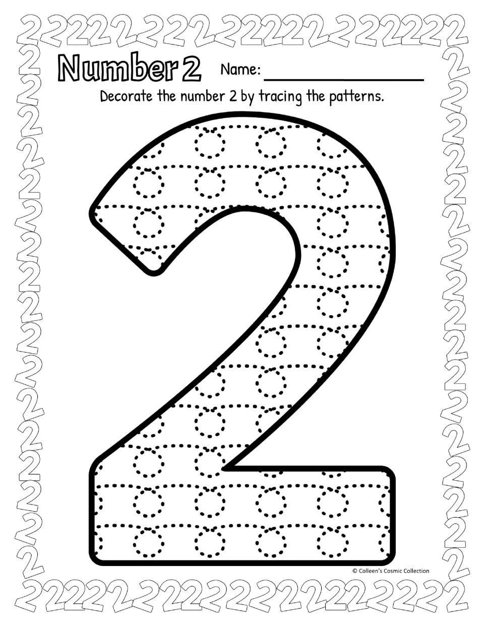 Black-and-white Number 2: students trace the dotted circle and arc pattern filling a big numeral 2 to practice its form