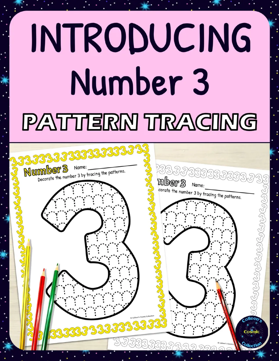 Introducing Number 3 Pattern Tracing cover showing colour and black-and-white sheets of a 3 filled with dotted arches