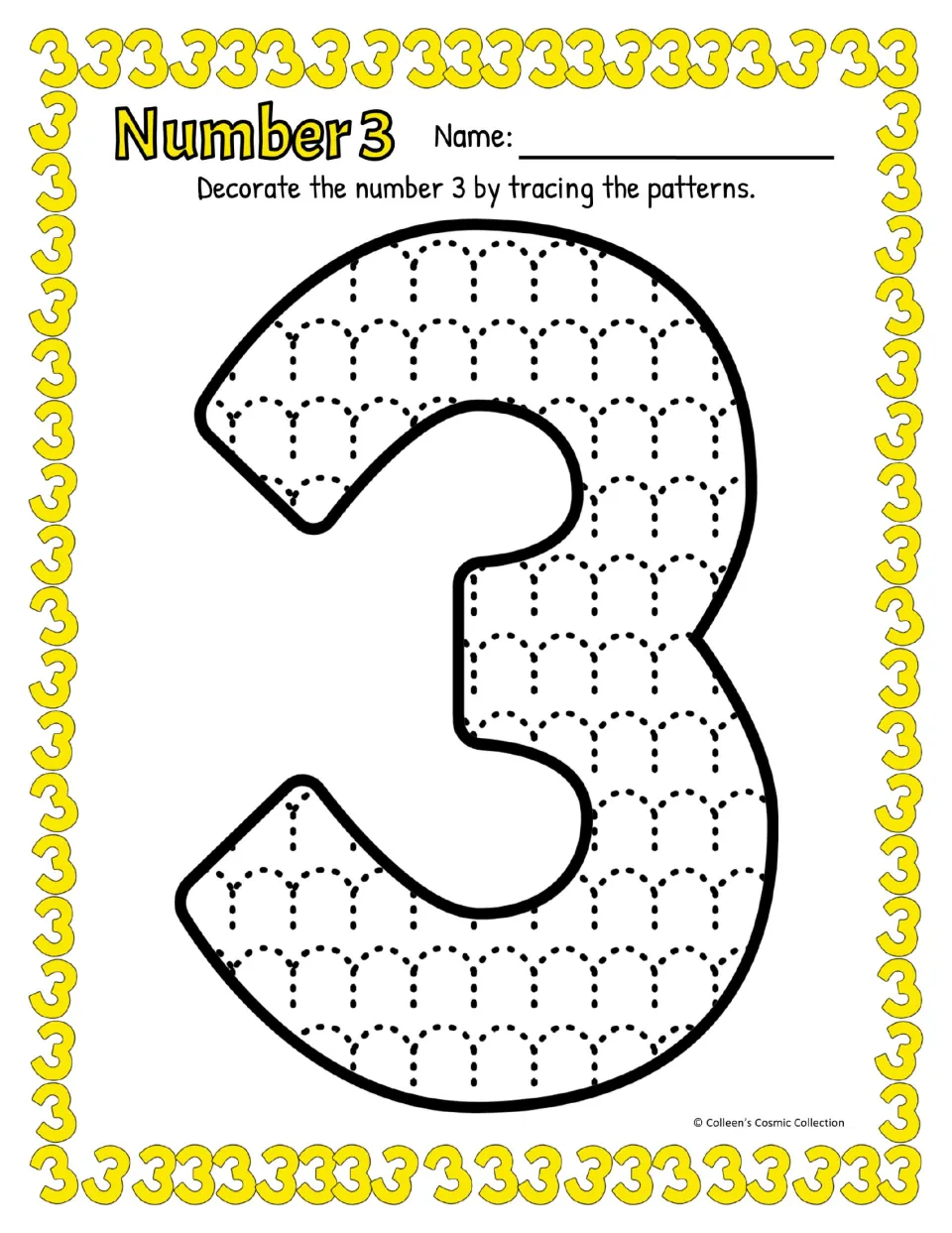 Number 3 tracing, colour version: students decorate a large 3 by tracing dotted arch patterns, then write their name