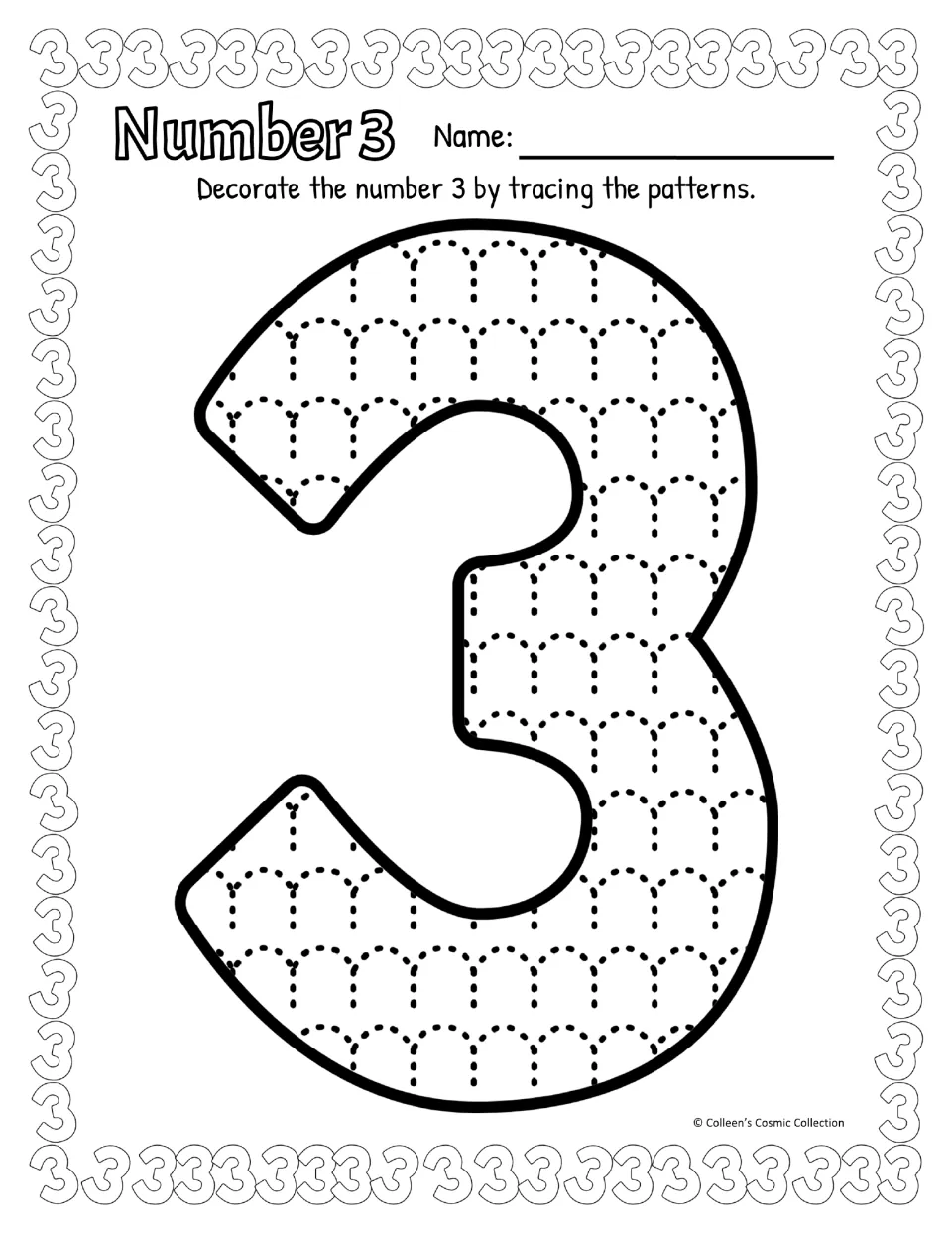 Number 3 tracing, black-and-white version: students trace the dotted arch patterns inside a large outlined numeral 3