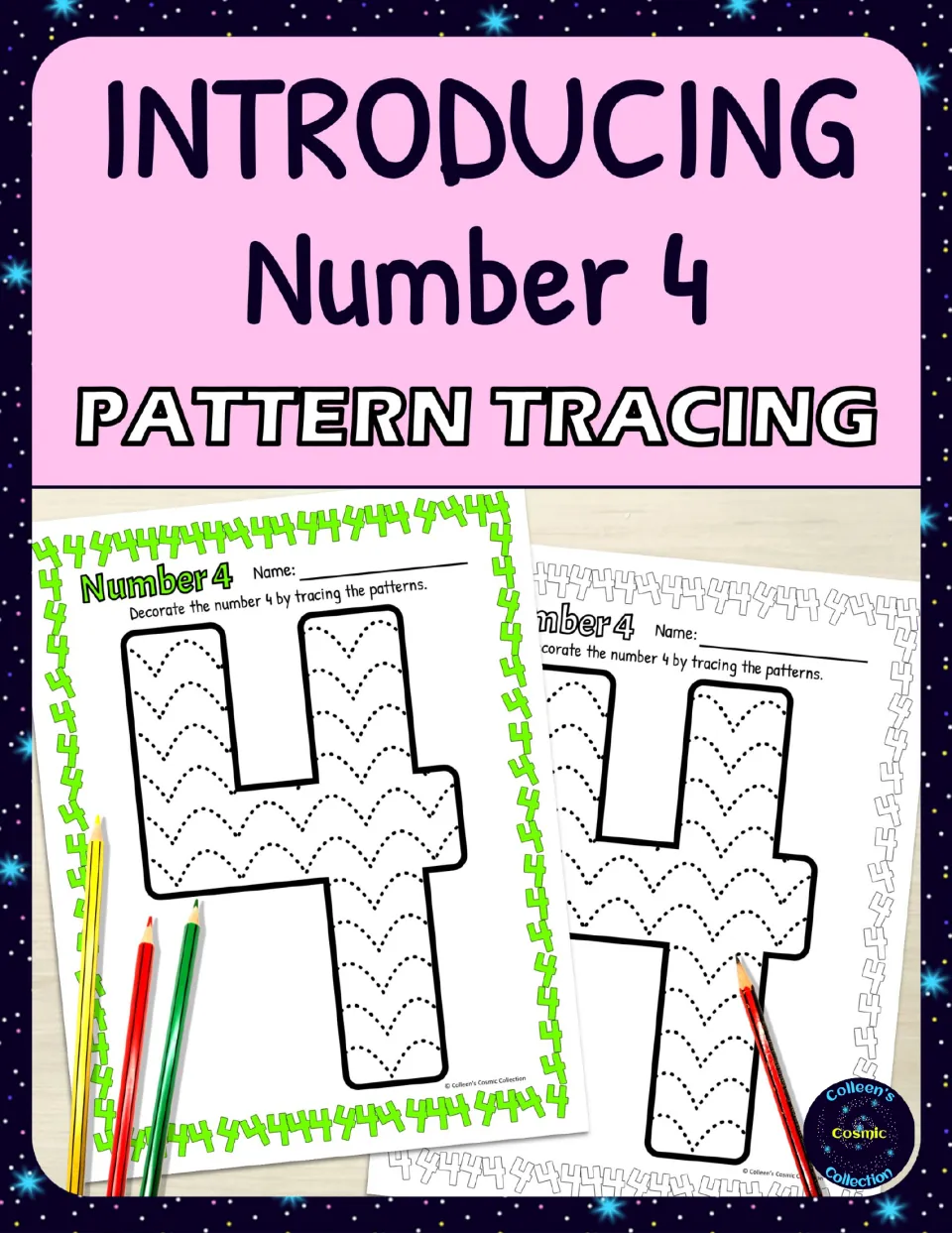 Introducing Number 4 pattern tracing cover showing a color and a black-and-white sheet of a 4 filled with dotted waves