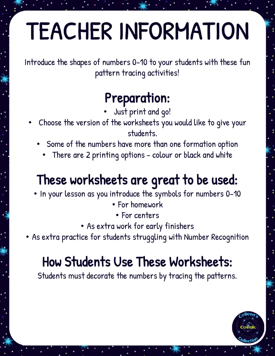 Teacher information: preparation, two print options and uses for homework, centers and early finishers for numbers 0-10