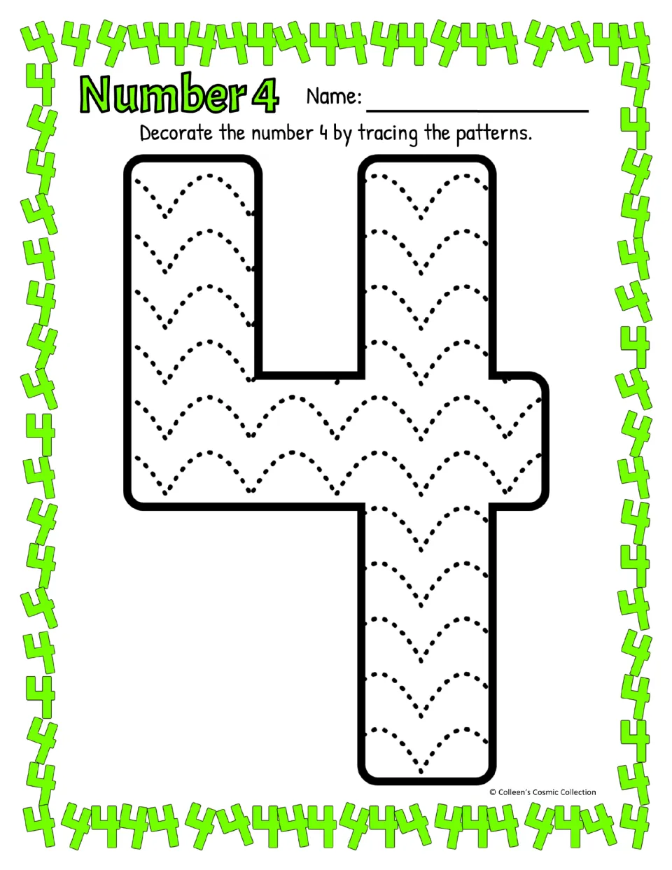 Number 4 tracing in color: students trace dotted wave patterns inside a closed-top 4 to practise the numeral's shape