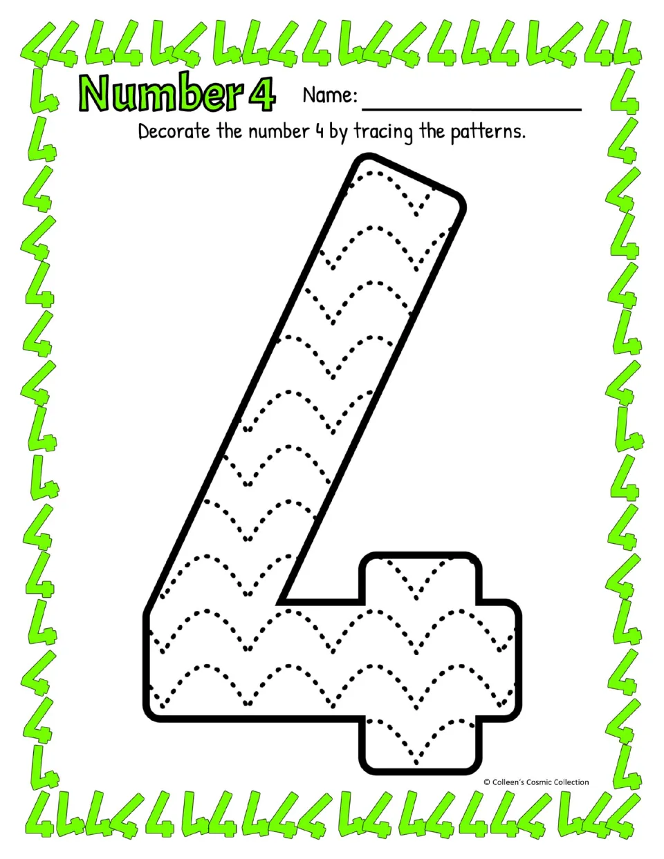 Number 4 tracing in color: students trace dotted wave patterns inside an open-top, slanted 4 to learn its other form