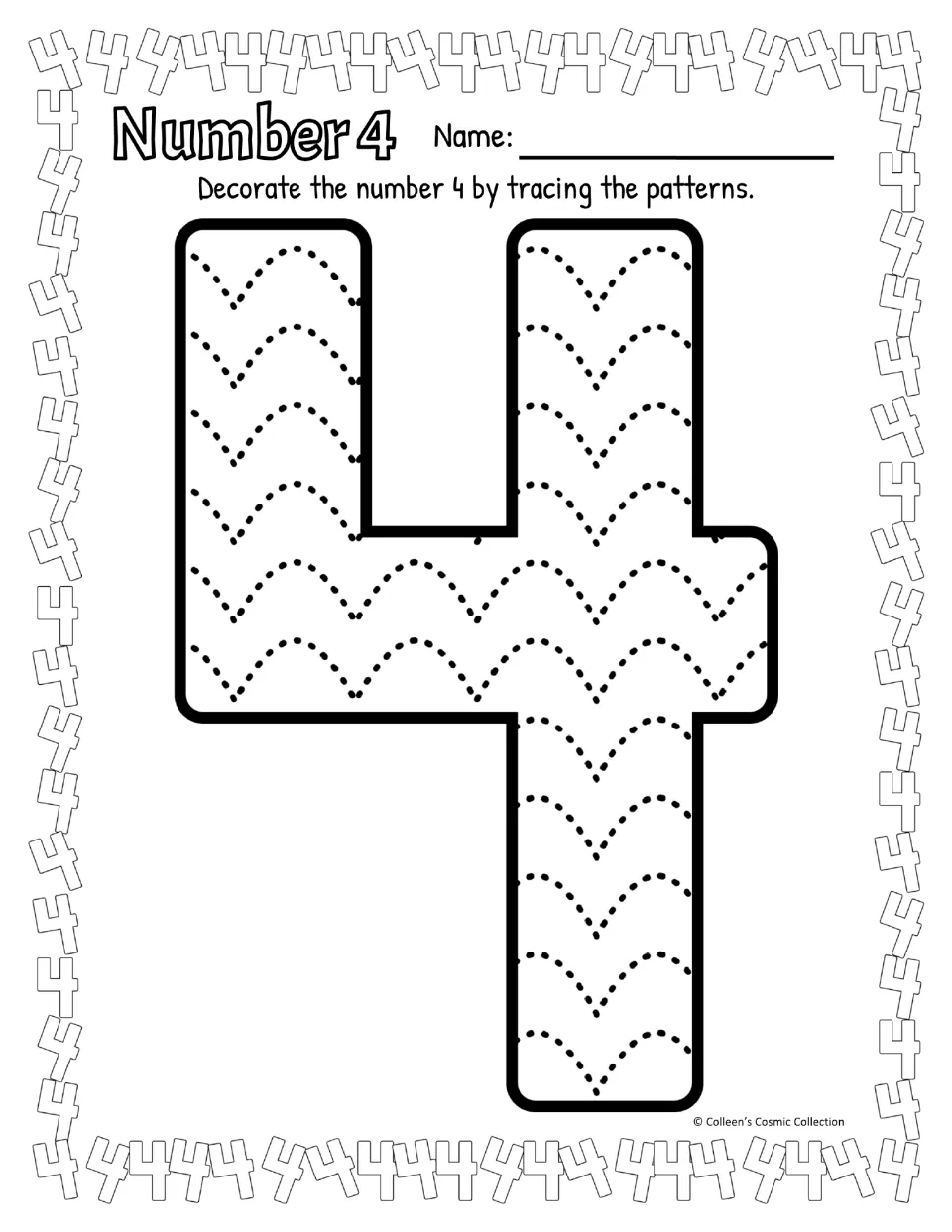 Black-and-white Number 4 page: students decorate a closed-top 4 by tracing rows of dotted wave patterns