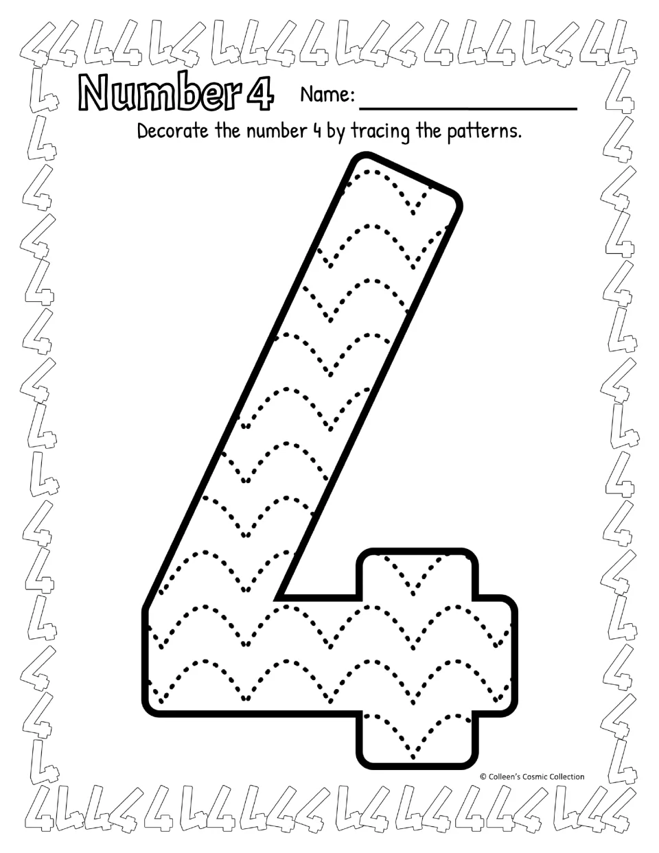 Black-and-white Number 4 page: students trace dotted wave patterns to decorate an open-top, slanted 4 and write their name