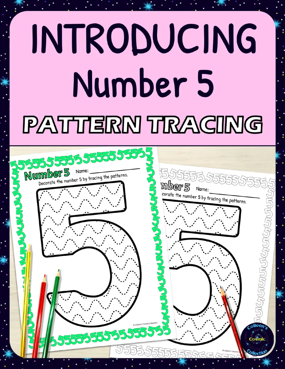 Introducing Number 5 Pattern Tracing cover showing color and black-and-white sheets of a large 5 filled with dotted waves
