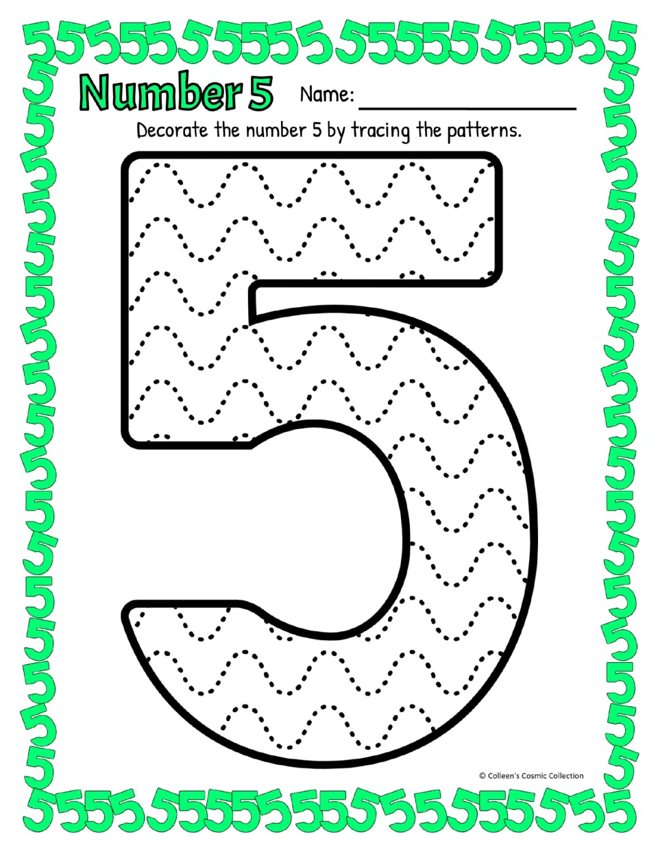 Number 5 tracing in color: students decorate a large 5 by tracing rows of dotted wavy lines, practising numeral recognition