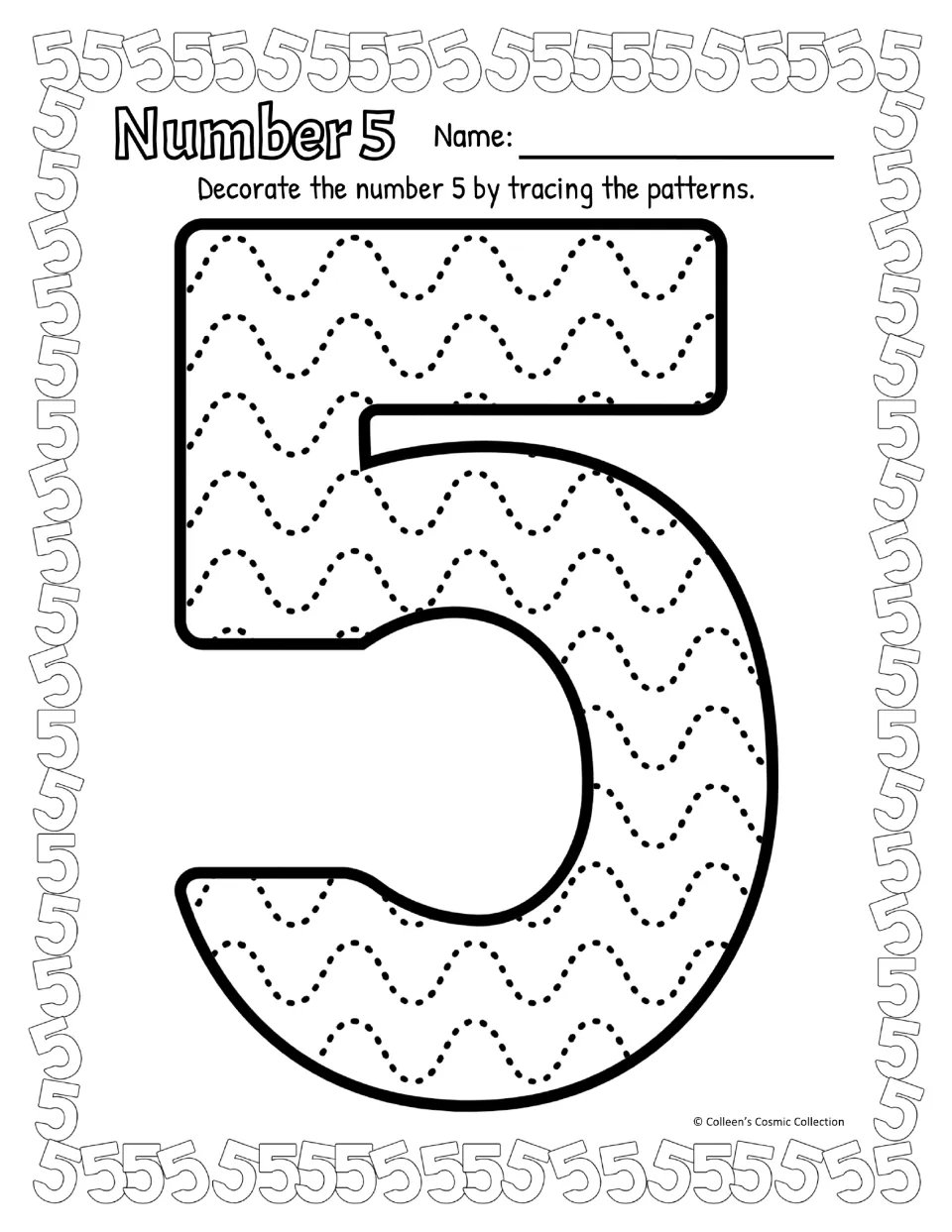 Number 5 in black and white: students trace dotted wave patterns inside a large outlined 5 for low-ink number practice