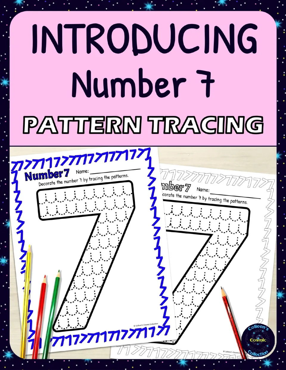 Cover for Introducing Number 7 Pattern Tracing, showing color and black-and-white sheets with a dotted scallop pattern