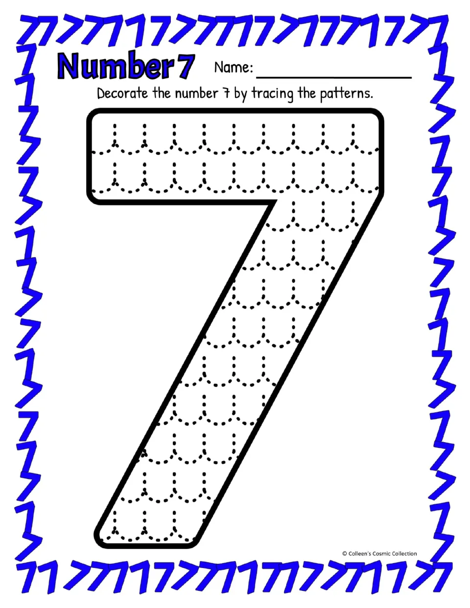 Number 7 in color: students decorate a large outlined 7 by tracing dotted scallop patterns for number recognition